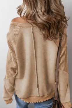 Clearance Dear-Lover Solid Waffle Knit Patchwork Raglan Sleeve Sweatshirt Light French Beige