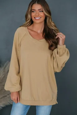 Clearance Dear-Lover Solid Color Lattice Hollow Out Back Sweatshirt Light French Beige