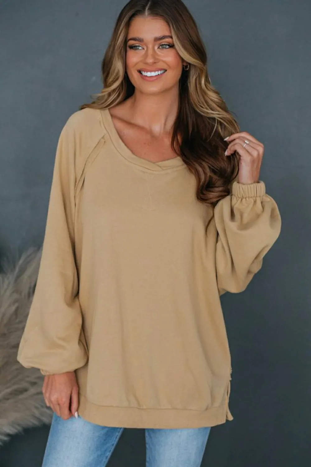Clearance Dear-Lover Solid Color Lattice Hollow Out Back Sweatshirt Light French Beige