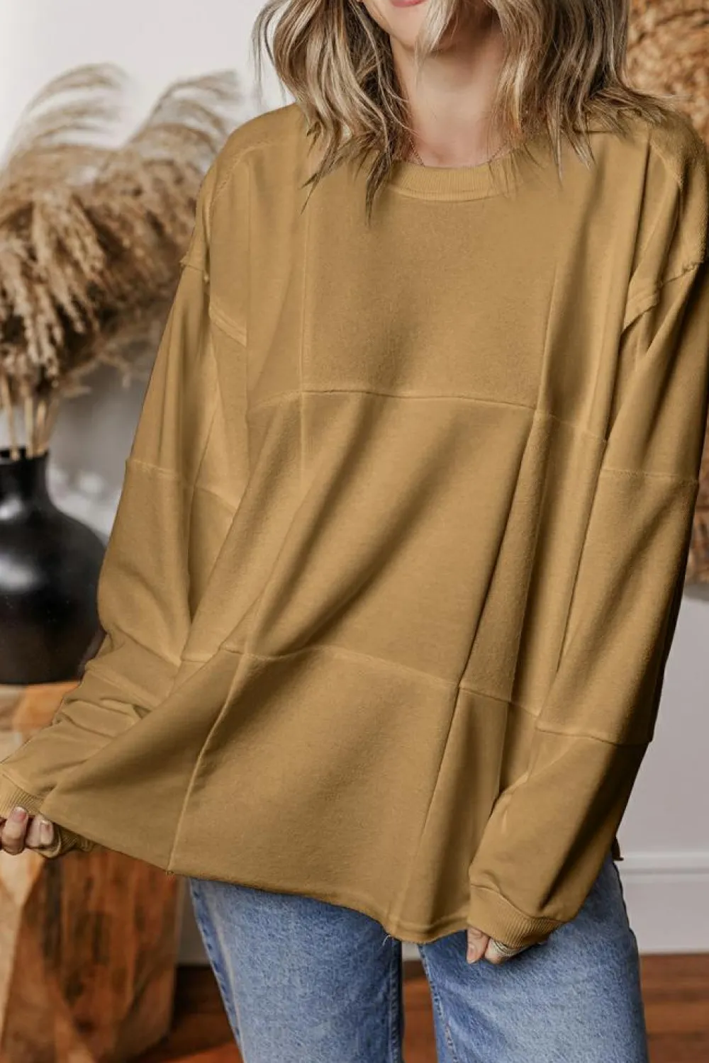 Hot Dear-Lover Solid Color Patchwork Drop Shoulder Baggy Sweatshirt Light French Beige