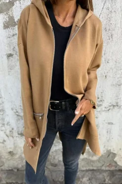 Online Dear-Lover Solid Color Casual Zip up Hooded Coat Light French Beige