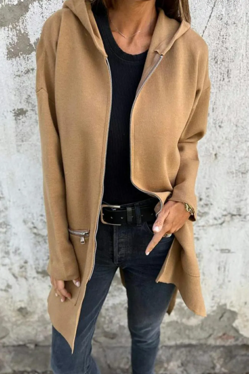 Online Dear-Lover Solid Color Casual Zip up Hooded Coat Light French Beige