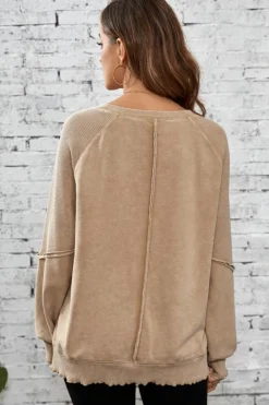 Clearance Dear-Lover Solid Waffle Knit Patchwork Raglan Sleeve Sweatshirt Light French Beige