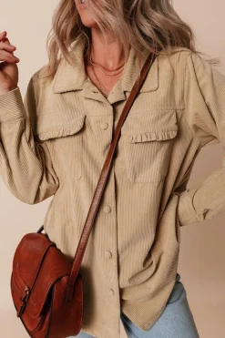 Fashion Dear-Lover Solid Frilled Flap Pocket Button Up Corduroy Shacket Light French Beige