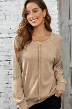 Clearance Dear-Lover Solid Waffle Knit Patchwork Raglan Sleeve Sweatshirt Light French Beige