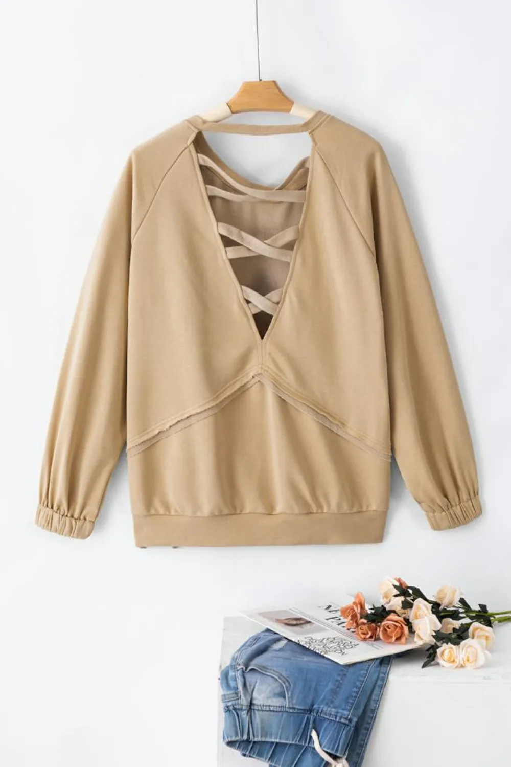 Clearance Dear-Lover Solid Color Lattice Hollow Out Back Sweatshirt Light French Beige