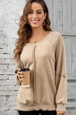 Clearance Dear-Lover Solid Waffle Knit Patchwork Raglan Sleeve Sweatshirt Light French Beige