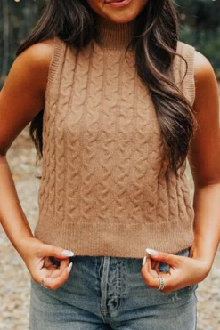 Hot Dear-Lover Solid Color Cable Knit High Neck Tank Top Light French Beige