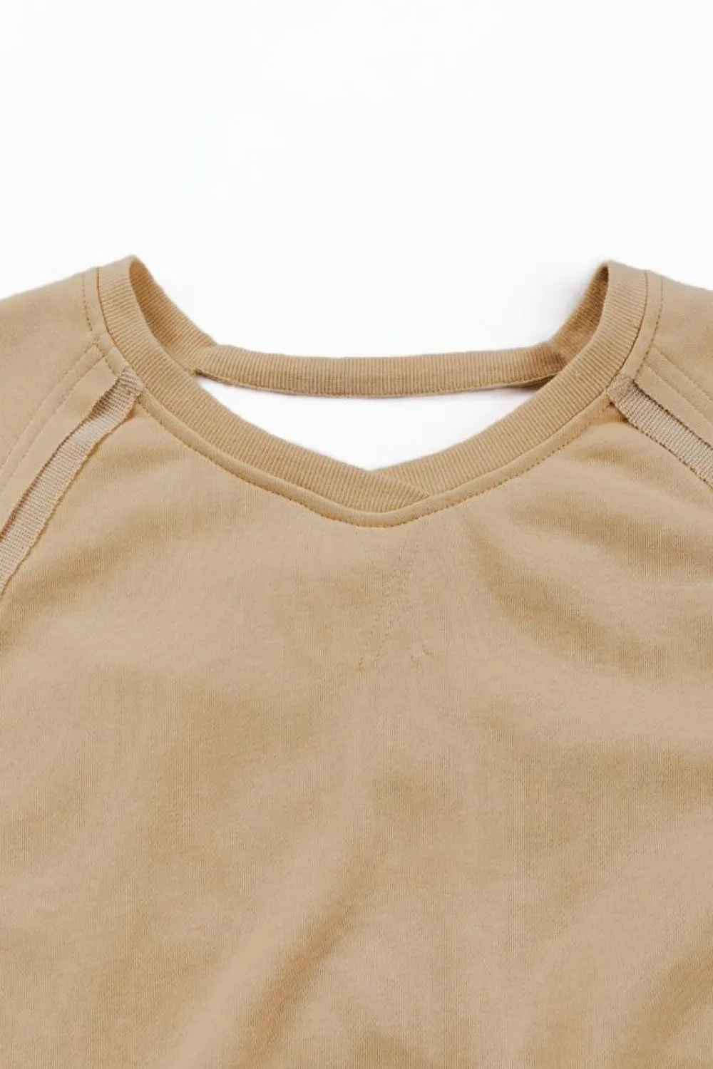 Clearance Dear-Lover Solid Color Lattice Hollow Out Back Sweatshirt Light French Beige