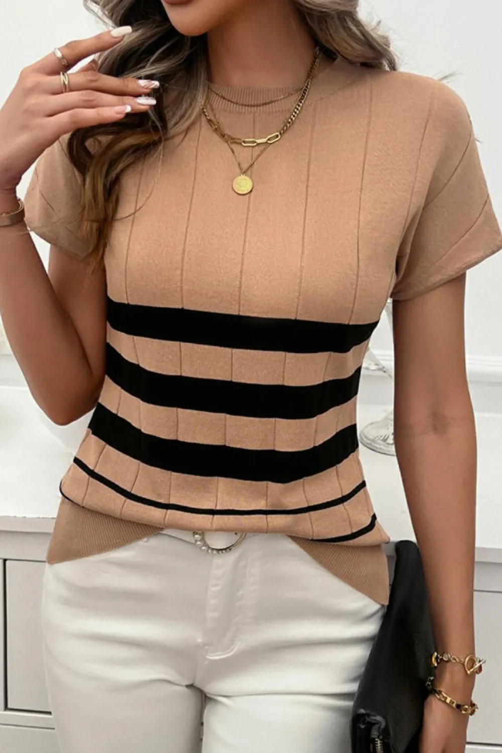 Discount Dear-Lover Striped Crew Neck Sweater T-shirt Light French Beige