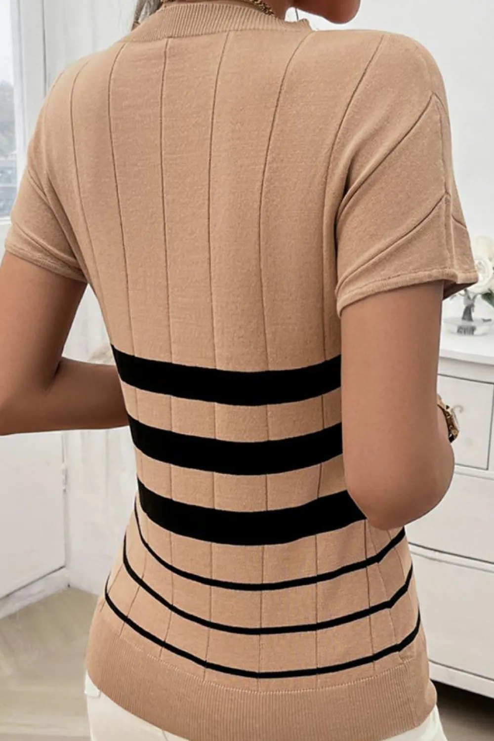Discount Dear-Lover Striped Crew Neck Sweater T-shirt Light French Beige