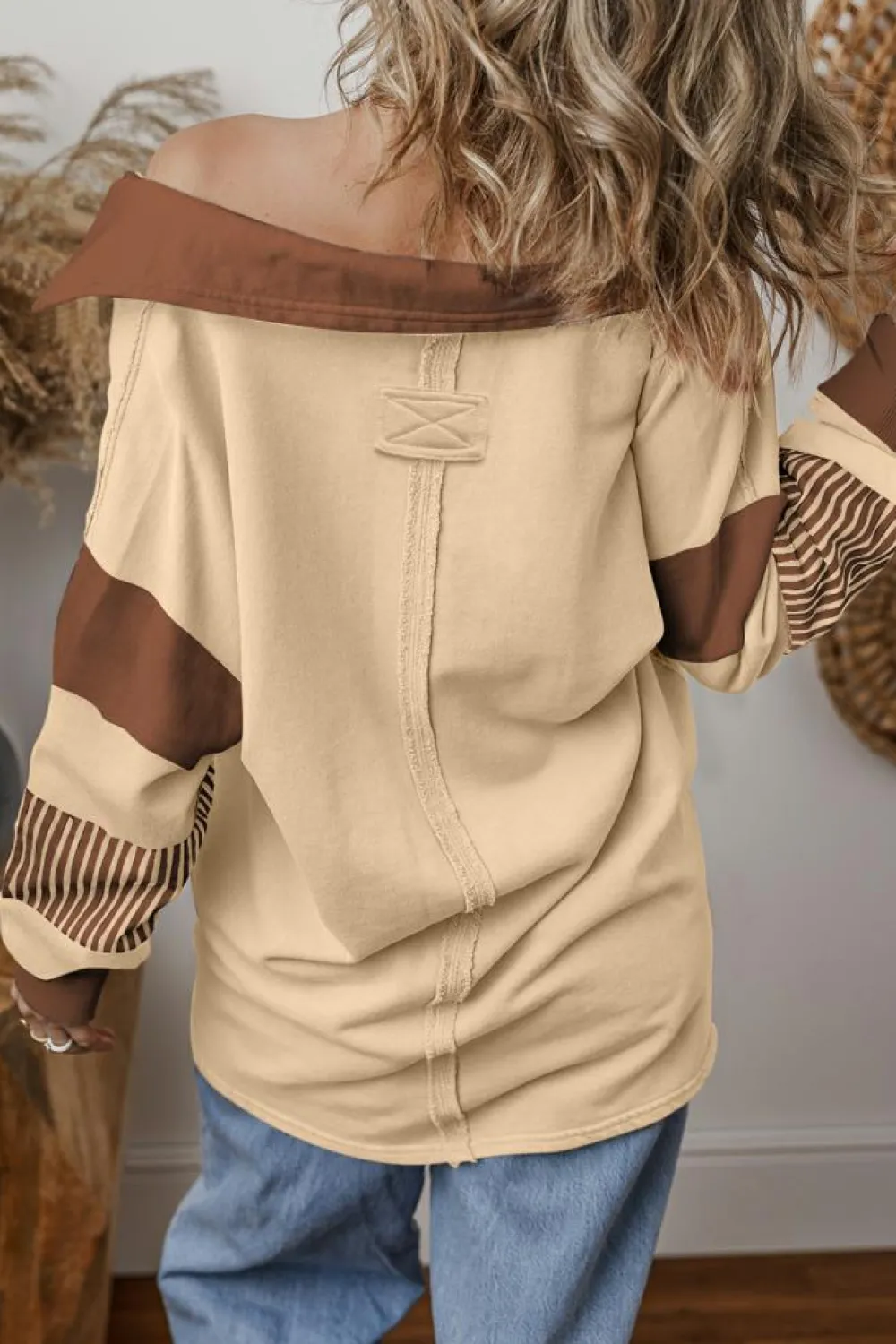 Outlet Dear-Lover Striped Colorblock Patchwork Collar Sweatshirt Light French Beige