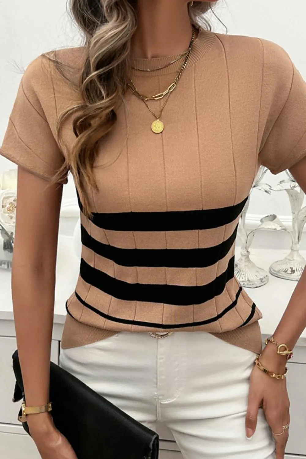 Discount Dear-Lover Striped Crew Neck Sweater T-shirt Light French Beige