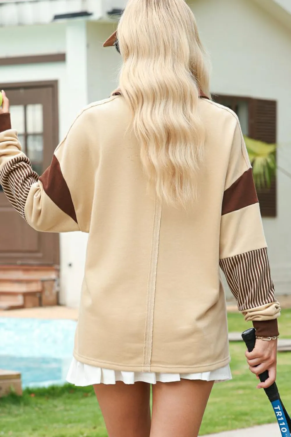 Outlet Dear-Lover Striped Colorblock Patchwork Collar Sweatshirt Light French Beige