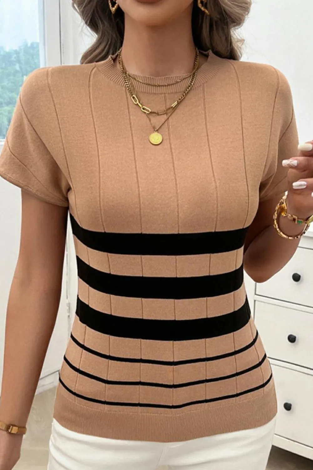 Discount Dear-Lover Striped Crew Neck Sweater T-shirt Light French Beige