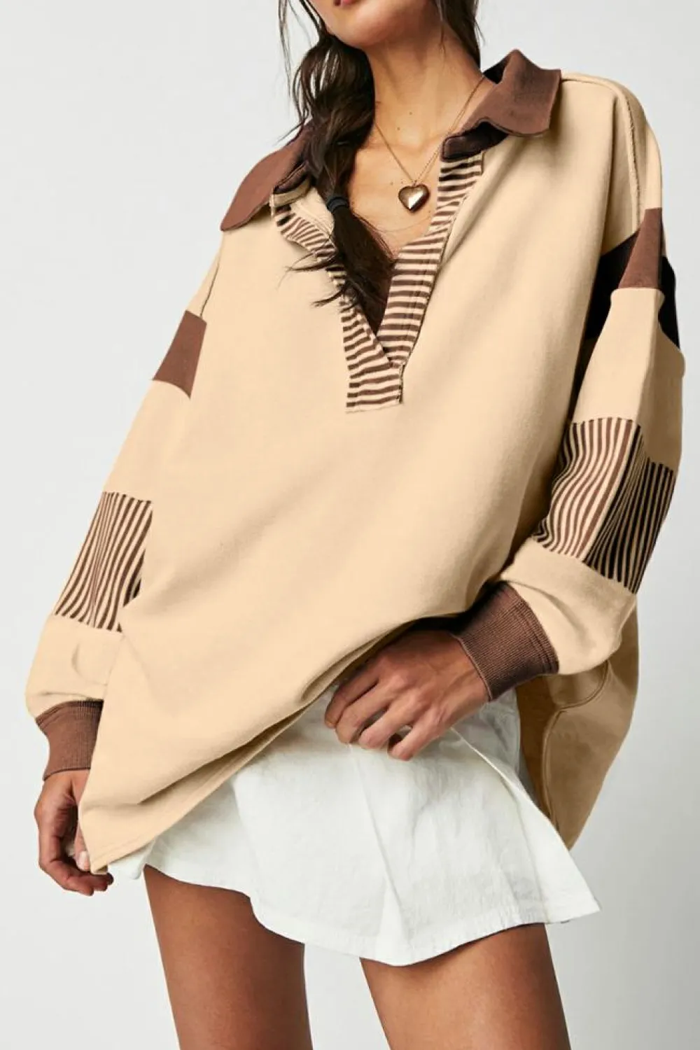 Outlet Dear-Lover Striped Colorblock Patchwork Collar Sweatshirt Light French Beige