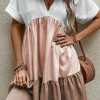 Best Dear-Lover Triple Colors V Neck Folded Cuffs Tiered Loose Dress Light French Beige