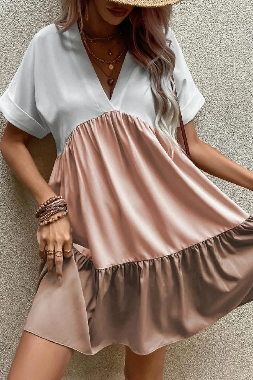 Best Dear-Lover Triple Colors V Neck Folded Cuffs Tiered Loose Dress Light French Beige