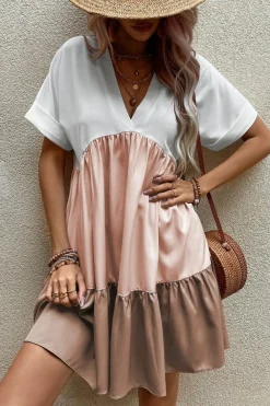 Best Dear-Lover Triple Colors V Neck Folded Cuffs Tiered Loose Dress Light French Beige