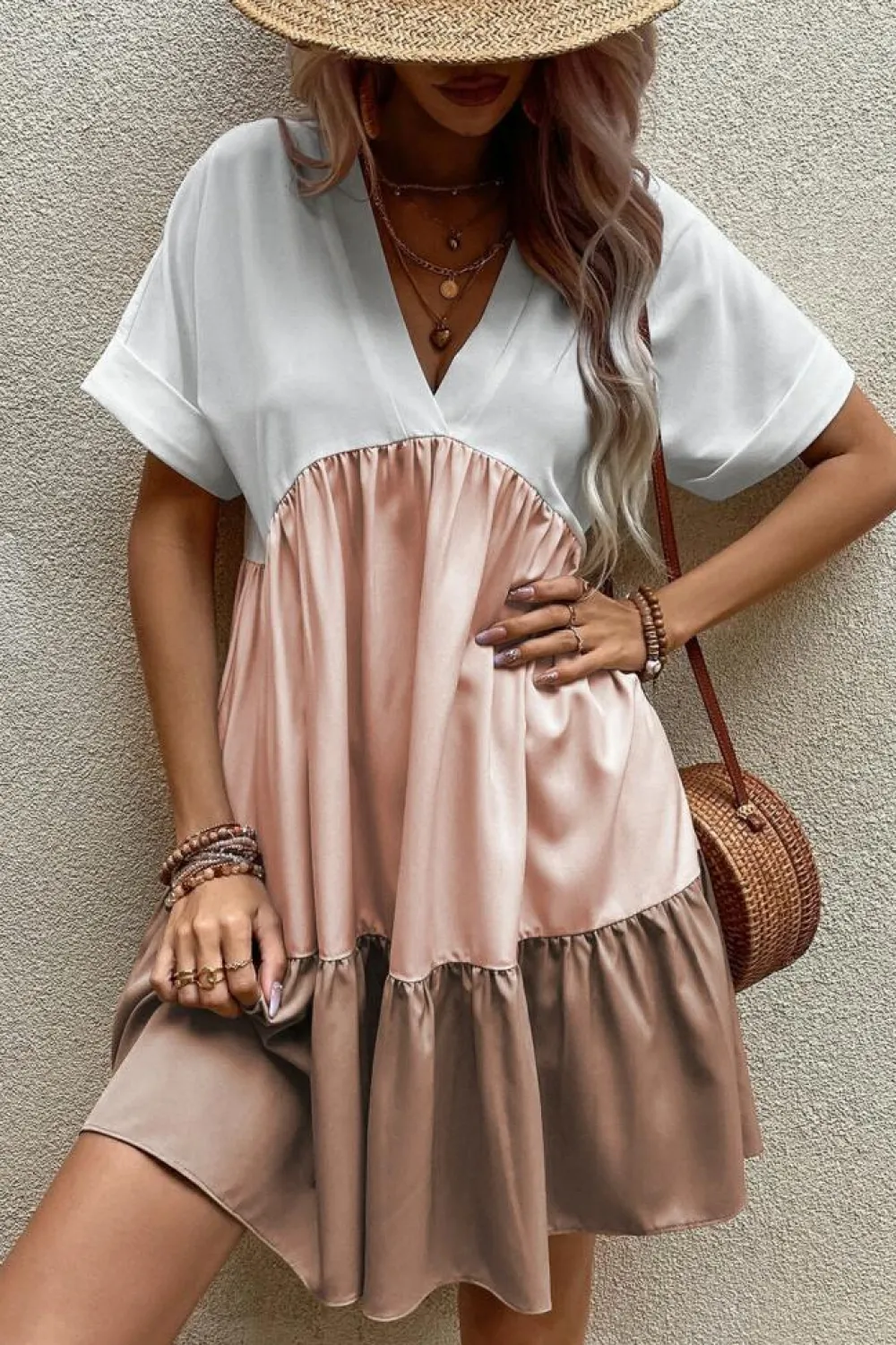 Best Dear-Lover Triple Colors V Neck Folded Cuffs Tiered Loose Dress Light French Beige