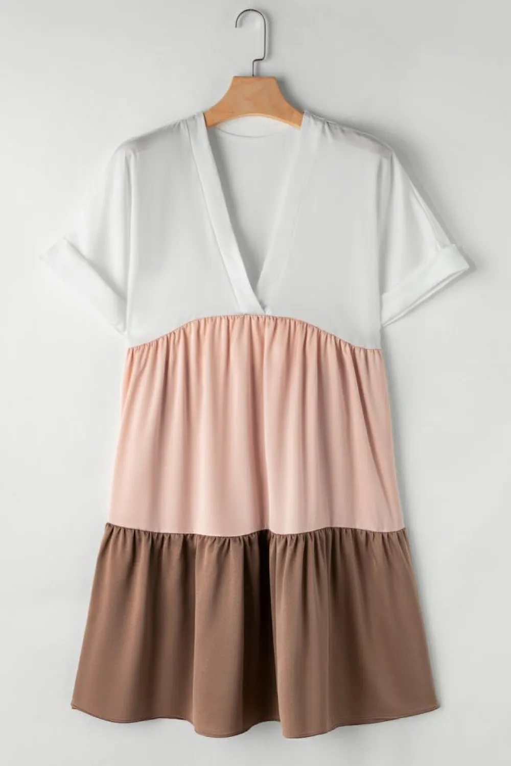 Best Dear-Lover Triple Colors V Neck Folded Cuffs Tiered Loose Dress Light French Beige