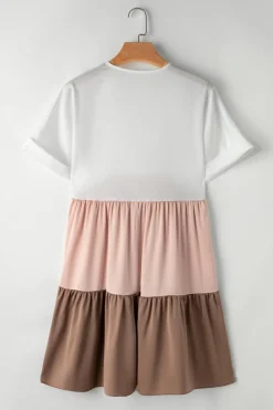 Best Dear-Lover Triple Colors V Neck Folded Cuffs Tiered Loose Dress Light French Beige