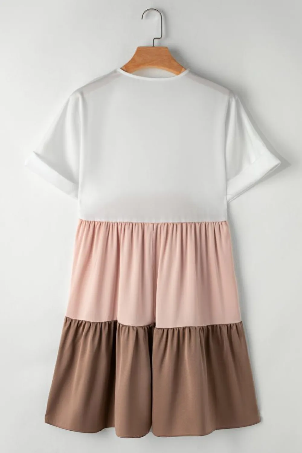 Best Dear-Lover Triple Colors V Neck Folded Cuffs Tiered Loose Dress Light French Beige