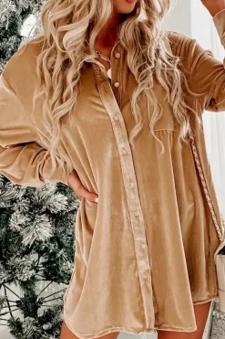 Clearance Dear-Lover Velvet Button Front Shirt Mini Dress Light French Beige