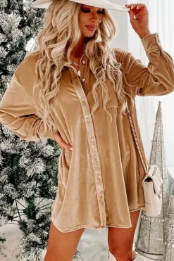Clearance Dear-Lover Velvet Button Front Shirt Mini Dress Light French Beige