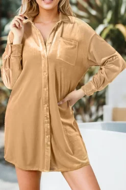 Clearance Dear-Lover Velvet Button Front Shirt Mini Dress Light French Beige