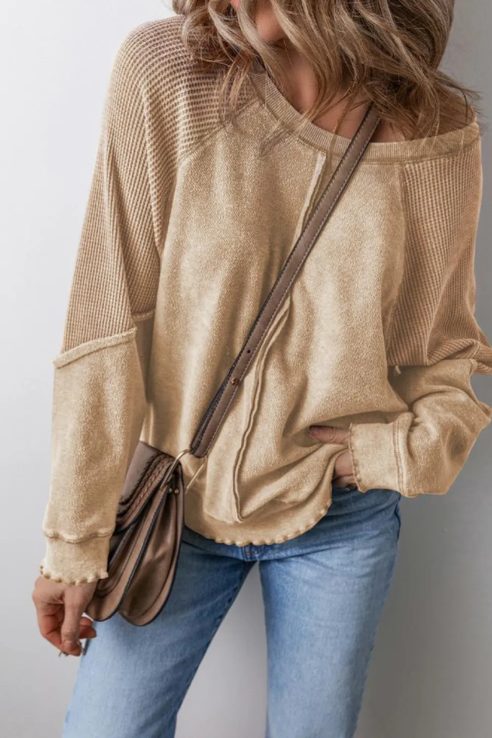 Best Dear-Lover Waffle Knit Patchwork Exposed Seam Raglan Sweatshirt Light French Beige