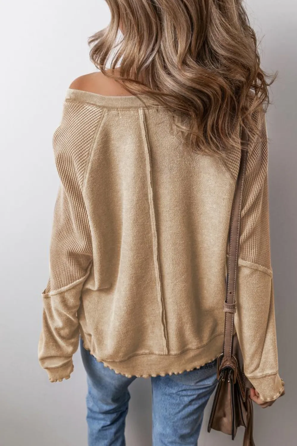Best Dear-Lover Waffle Knit Patchwork Exposed Seam Raglan Sweatshirt Light French Beige