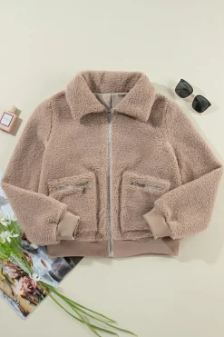 New Dear-Lover Zipper Pocketed Winter Fuzzy Jacket Light French Beige