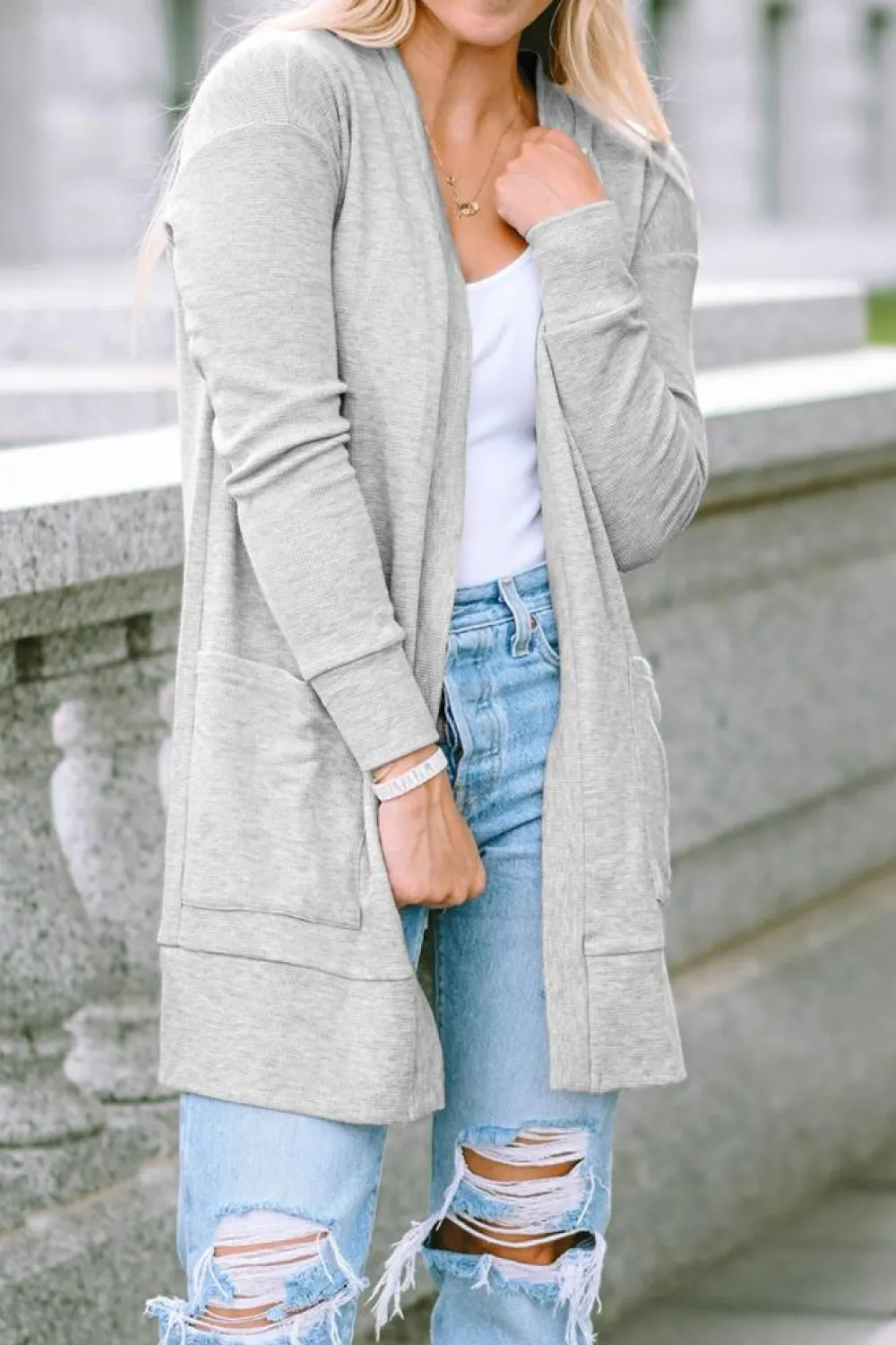 Discount Dear-Lover Thermal Waffle Knit Pocketed Cardigan Light Gray