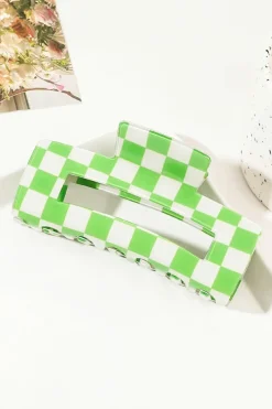 Fashion Dear-Lover Checkered Print Hollow Out Hair Clip Light Green