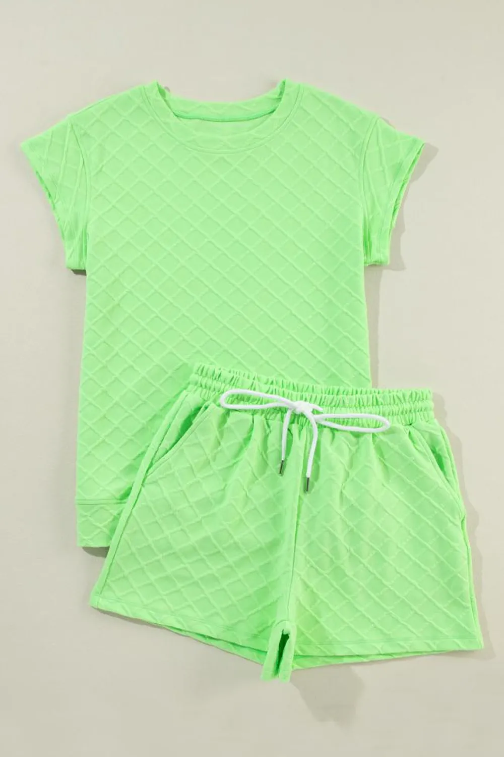 Outlet Dear-Lover Checkered Textured Tee and Drawstring Shorts Light Green