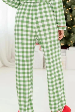 Hot Dear-Lover Christmas Plaid Print Shirt and Pants Pajama Set Light Green