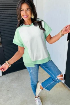 Fashion Dear-Lover Color Block Exposed Seam Crew Neck T Shirt Light Green