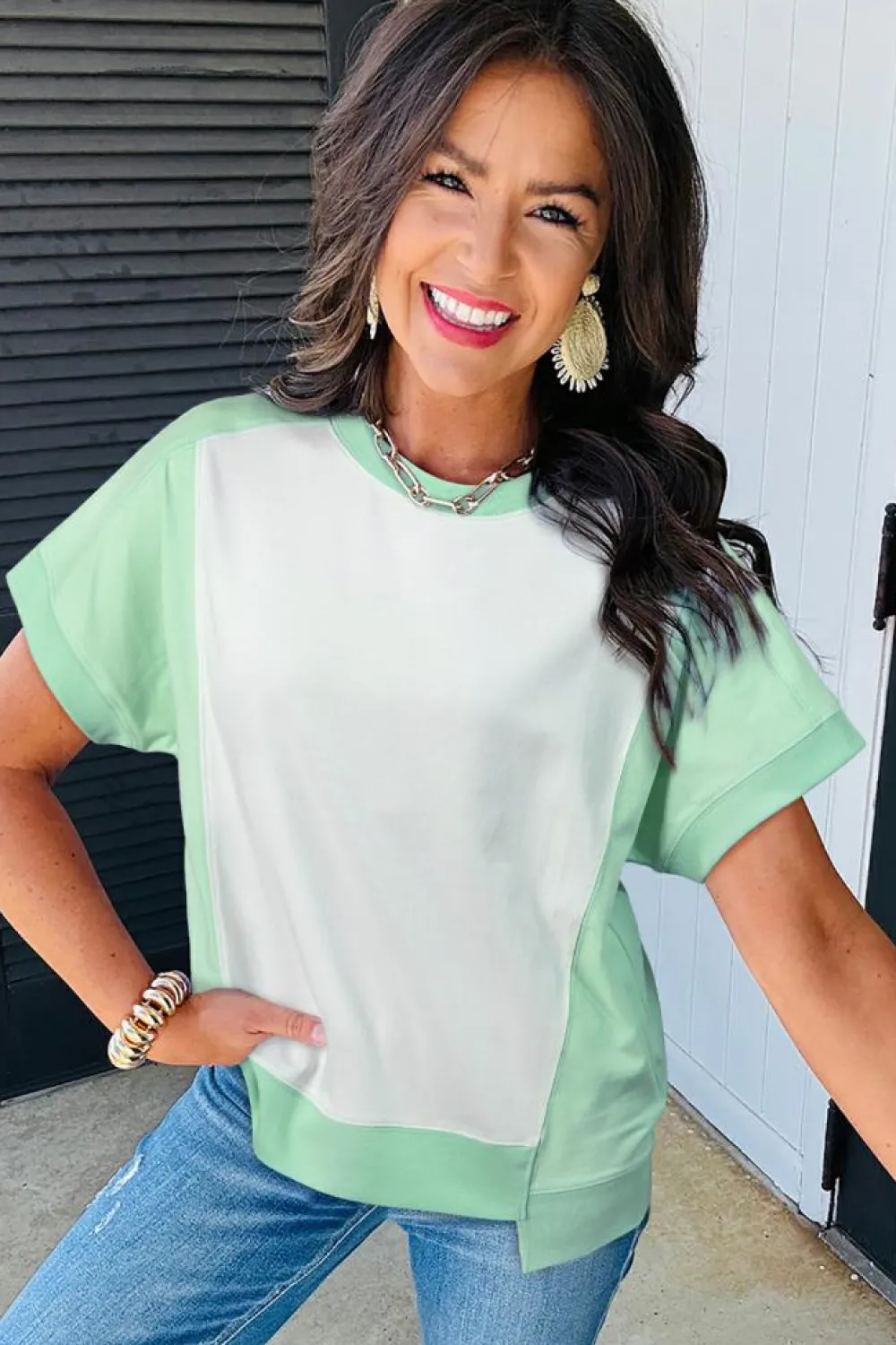 Fashion Dear-Lover Color Block Exposed Seam Crew Neck T Shirt Light Green