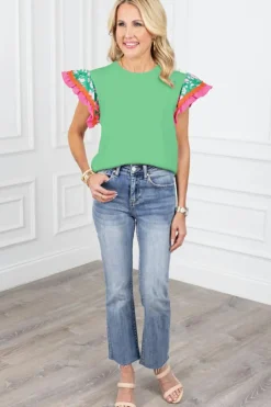 Clearance Dear-Lover Contrast Ricrac Floral Sleeve Top Light Green