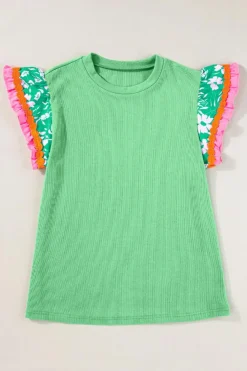 Clearance Dear-Lover Contrast Ricrac Floral Sleeve Top Light Green