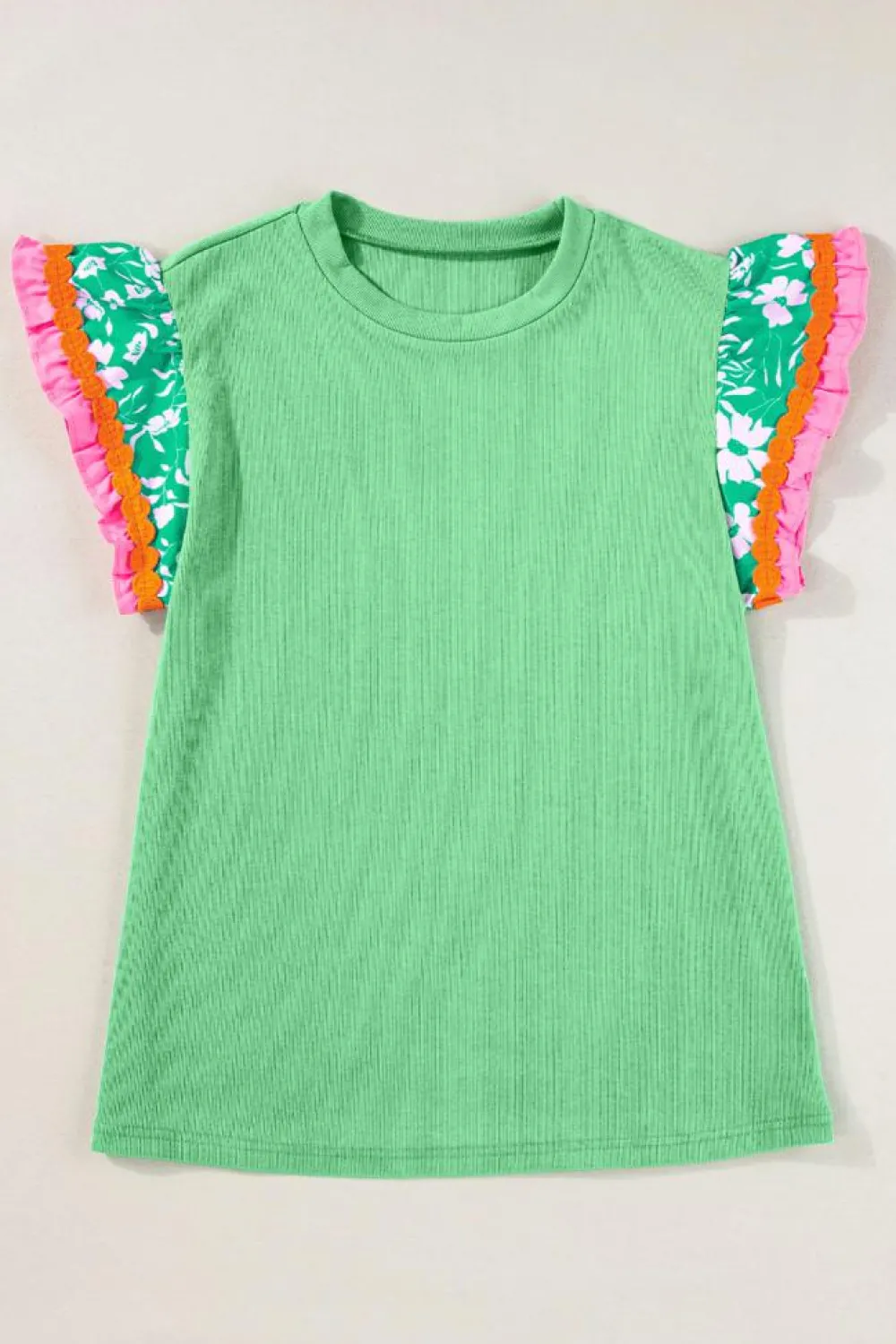 Clearance Dear-Lover Contrast Ricrac Floral Sleeve Top Light Green