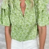 Outlet Dear-Lover Floral Ruffle Puff Short Sleeve Frilled Collar V Neck Blouse Light Green