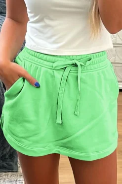 Discount Dear-Lover French Terry Drawstring Mini Skort with Pockets Light Green