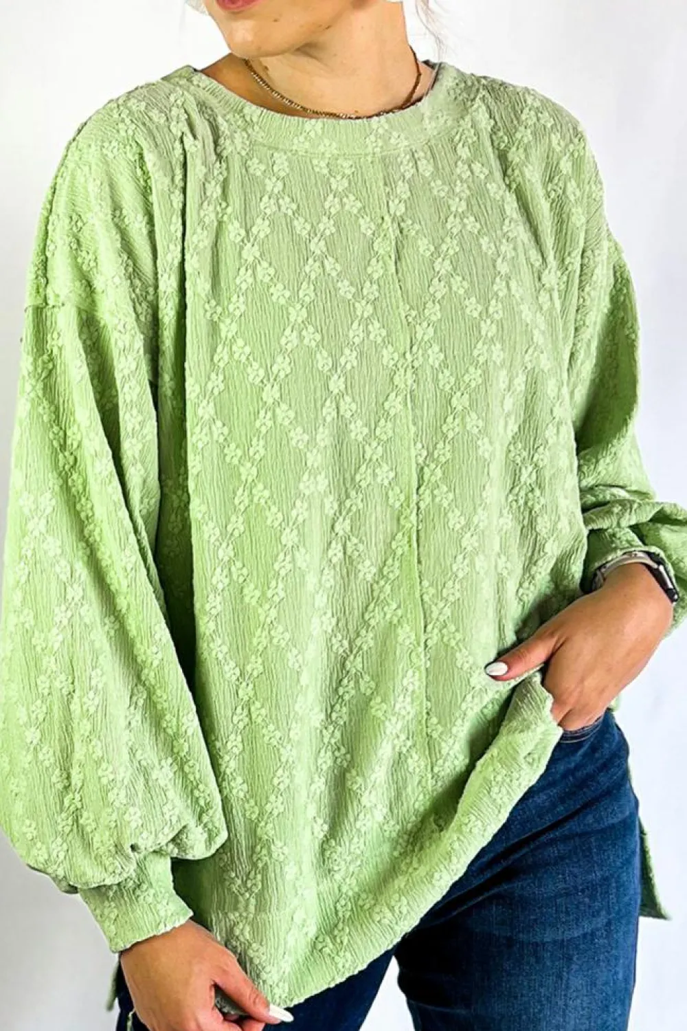 Online Dear-Lover Solid Color Textured Side Split Crew Neck Blouse Light Green