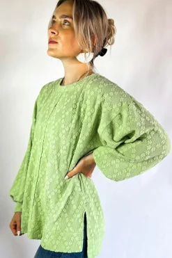 Online Dear-Lover Solid Color Textured Side Split Crew Neck Blouse Light Green