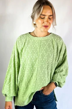 Online Dear-Lover Solid Color Textured Side Split Crew Neck Blouse Light Green