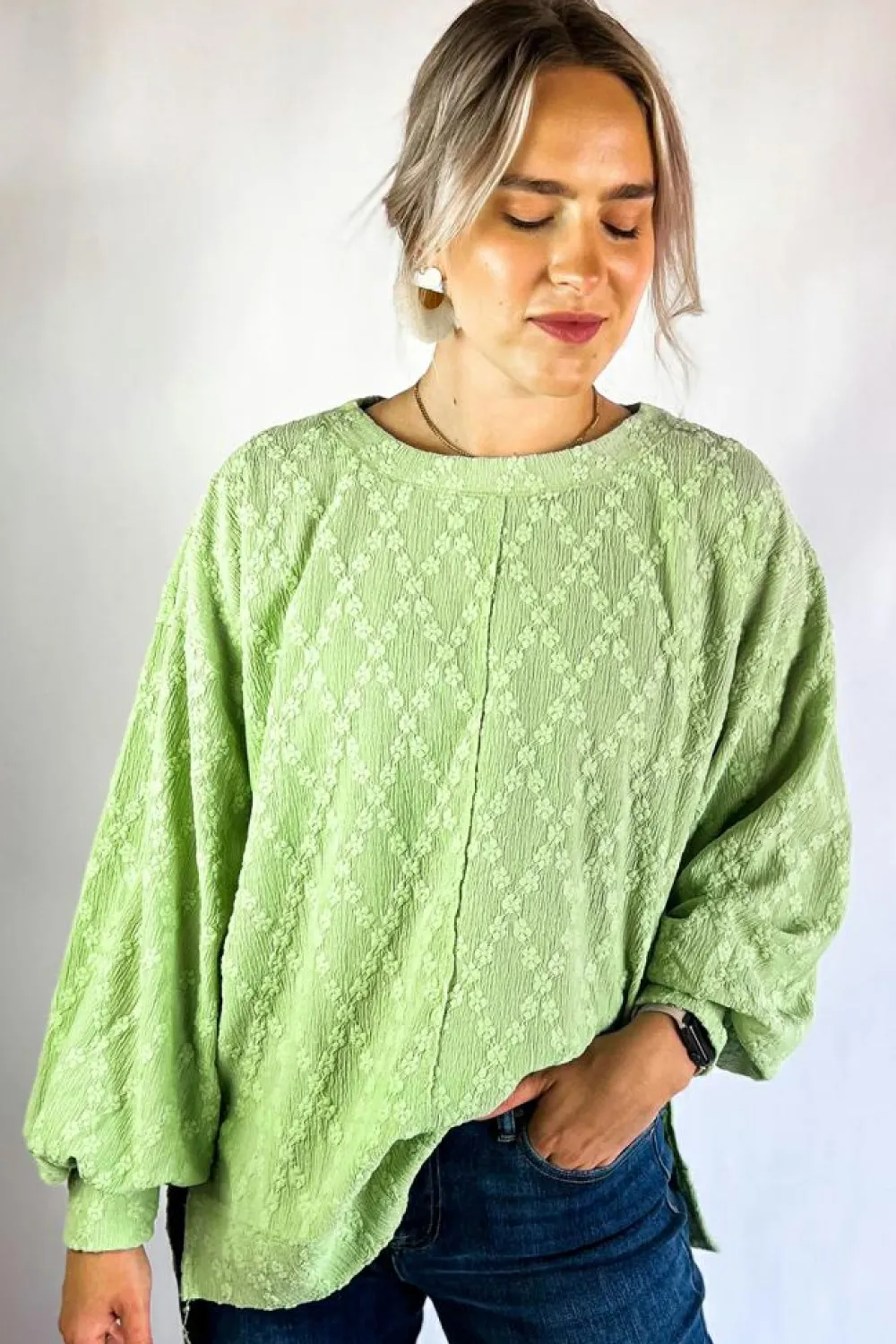 Online Dear-Lover Solid Color Textured Side Split Crew Neck Blouse Light Green