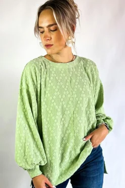 Online Dear-Lover Solid Color Textured Side Split Crew Neck Blouse Light Green