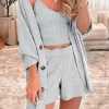 Clearance Dear-Lover 3 Pieces Rib Crop Camisole Matching Shorts Lounge Set with Cardigan Light Grey